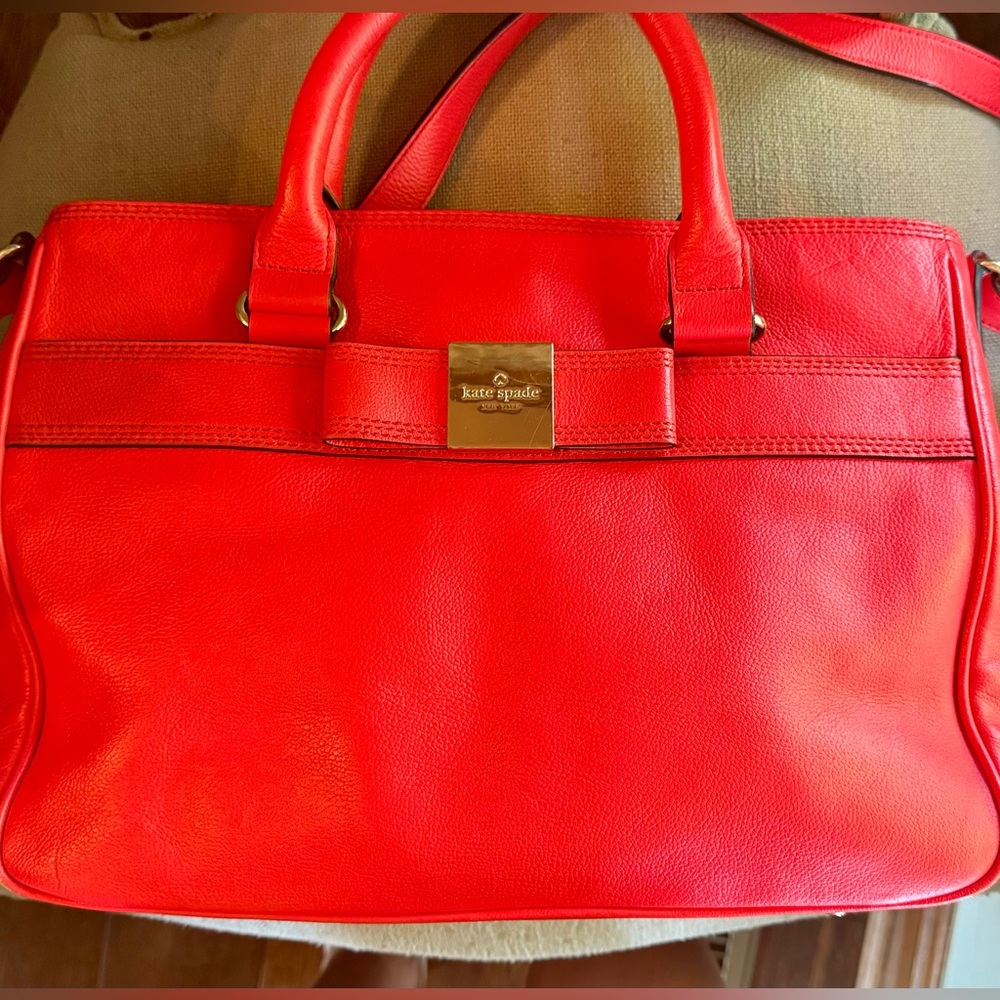 Kate Spade leather purse w/handle straps & shoulder straps, bright red/coral EUC